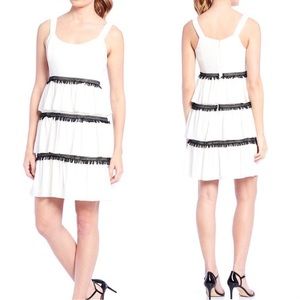 H by Halston Women’s Tiered Fringe Chiffon Cocktail Dress White Black  Size 10